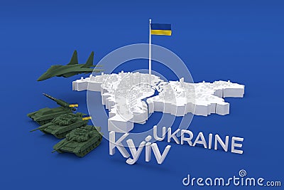3d stylized schemitic map of Kyiv Kiev capital cyty of Ukraine surrounded with russian tanks and planes Stock Photo