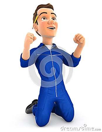 3d successful mechanic on his knees Cartoon Illustration