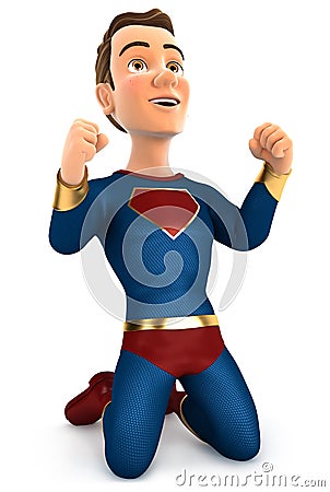 3d successful superhero on his knees Cartoon Illustration