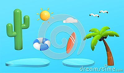 3d summer beach objects Vector Illustration