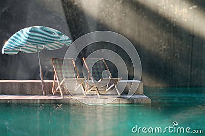 3d summer sale template. cute beach object and swimming pool Stock Photo