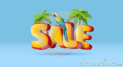 3d summer tropical sale composition with big letters and palm trees with parrot bird Vector Illustration