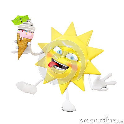 3D sun character eats an ice cream Stock Photo