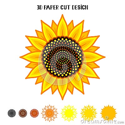 3D Sunflower mandala. Vector paper or laser cut template. Flower silhouette Vector Illustration