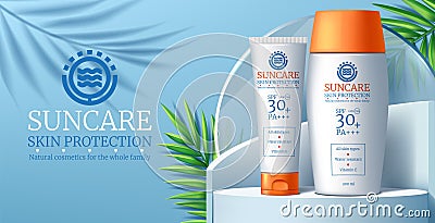 3D sunscreen. Summer skincare ad of sale both stage. Cosmetic product promotion. Orange sun and shadows. Beach UV block Stock Photo