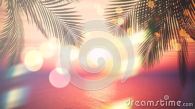 3D sunset ocean with palm tree fronds and vintage effect Stock Photo