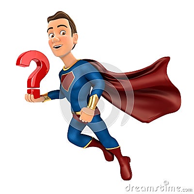 3d superhero flying and holding question mark Cartoon Illustration