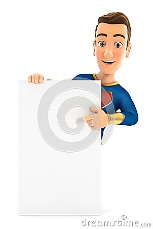 3d superhero pointing to vertical board Cartoon Illustration