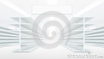 3D Supermarket Aisle With White Blank Empty Shelves Stock Photo