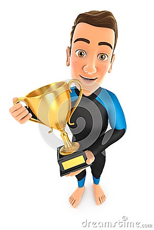 3d surfer standing with gold trophy cup Cartoon Illustration