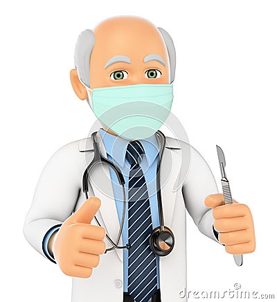 3D Surgeon with mask and scalpel Stock Photo
