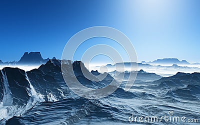 3D surreal landscape with snowy mountains Stock Photo