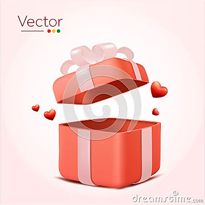 3d sweet gift box with floating hearts, isolated on background. Design concept for love, gifts, valentine, date, social Vector Illustration