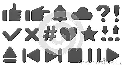 3D symbols and signs. Like, heart, question mark, star, play button, arrows. For web pages, mobile applications, social Vector Illustration