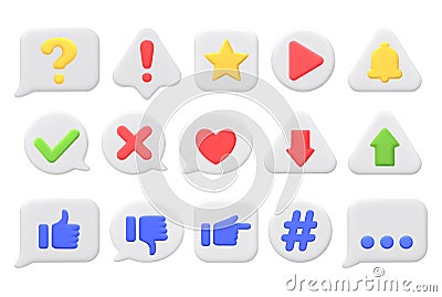 3D symbols and signs on white speech bubbles and shapes. Like, heart, question mark, star, play button, arrows. Icons Vector Illustration