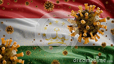 3D, Tajikistani flag waving with Coronavirus outbreak. Tajikistan Covid 19 Stock Photo