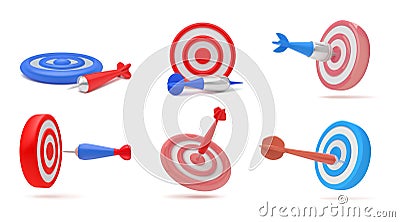 3d target. Goal dart icon different angles view, business game strategy arrow for customer board, sport hit or point Vector Illustration