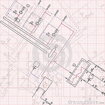 Technical drawing gas boiler house. Graph paper blueprint. Vector Illustration