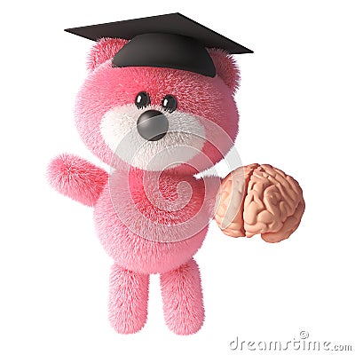 3d teddy bear with pink fur wearing a graduate mortar board and holding a human brain, 3d illustration Cartoon Illustration