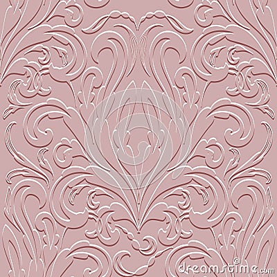 3d textured ornamental vintage emboss Baroque Damask pink seamless pattern with surface flowers, leaves. Vector relief royal Vector Illustration