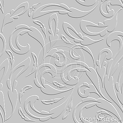 3d textured ornamental vintage emboss Baroque Damask white leafy seamless pattern with surface flowers, leaves. Vector relief Vector Illustration