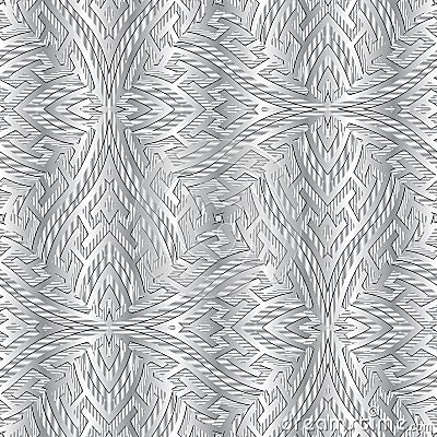 3d textured silver ornamental greek vector seamless pattern. Ornate geometric modern background. Surface repeat white backdrop. Vector Illustration