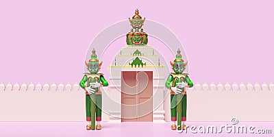 3d thai temple wall with giant gatekeeper isolated on pink background. 3d render illustration, clipping path Cartoon Illustration