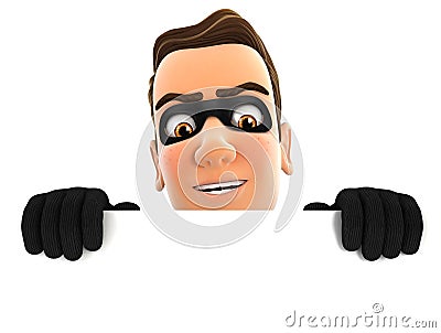 3d thief hiding behind white wall Cartoon Illustration