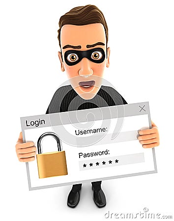 3d thief holding a login message Cartoon Illustration