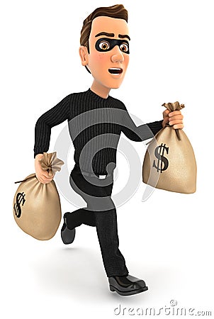3d thief running with bags of money Cartoon Illustration