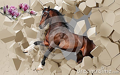 3D,Three-dimensional paintings, horse, Brown horse jumping at daytime, Paper Wall decal Mural, watercolor Painting Wall Wallpaper Stock Photo