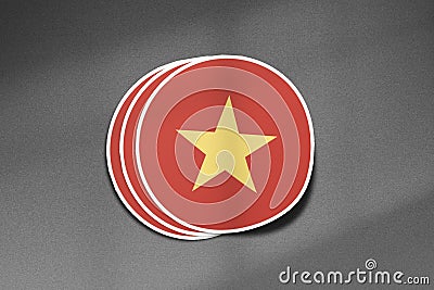 3D three flag stickers of Vietnam on dark gritty background. Stock Photo