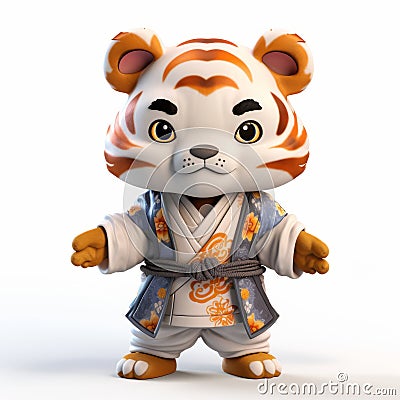 Playful 3d Render Of Cartoon Tiger In Asian Kimono Costume Cartoon Illustration