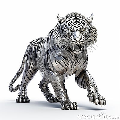 Metal Tiger 3d Model: Accurate And Detailed Fantasy Illustration Cartoon Illustration