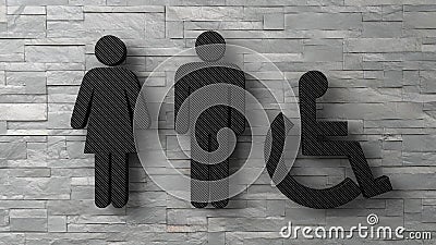 3d toilet woman man and disabled signs on white brick wall. Stock Photo