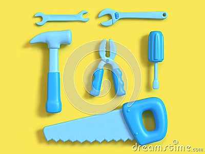 Tools set square composition group top view yellow background minimal 3d rendering,craft-technician-engineer tools concept cart Stock Photo