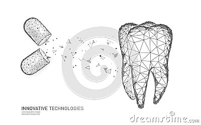 3d tooth innovation dentistry polygonal concept. Medication drug pill symbol low poly. Enamel restoration abstract oral Vector Illustration