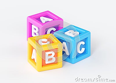 3d toy amc cubes for kids, alphabet block for play. Child colorful box render illustration, preschool education squares Cartoon Illustration