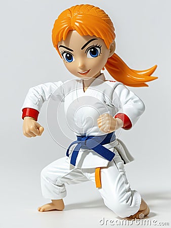 A 3D Toy Of A Sporty Woman Karate Pose On A Bright White Background. Generative AI Stock Photo