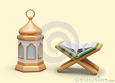 3D traditional Arabic lantern, open Quran on wooden book stand Vector Illustration