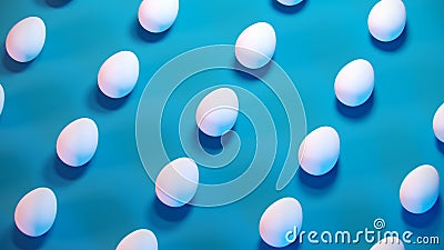 3d trendy easter blue pastel background pattern. Minimal fashion banner with white eggs, creative concept. Cartoon Illustration