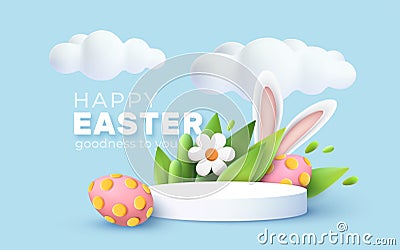 3D trendy Easter greeting with 3d product podium, spring flower, cloud, Easter egg and bunny. Spring floral Modern 3d Vector Illustration