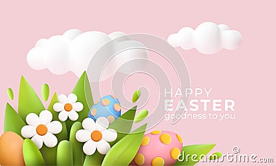 3D trendy Realistic Easter greeting card, banner with flowers, Easter eggs and clouds. Spring floral Modern 3d Easter Vector Illustration