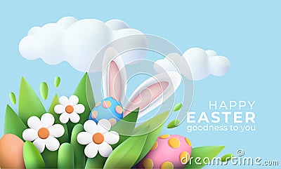 3D trendy Realistic Easter greeting card, banner with flowers, Easter eggs and clouds. Spring floral Modern 3d Easter Vector Illustration