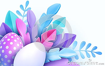 3D trendy Realistic Easter greeting card, banner with flowers, Easter eggs. Spring floral Modern 3d Easter graphic Cartoon Illustration