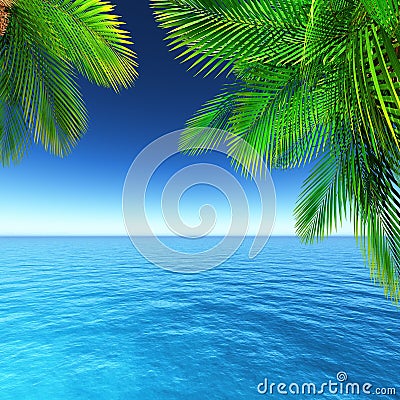 3D tropical landscape with palm trees and ocean Stock Photo