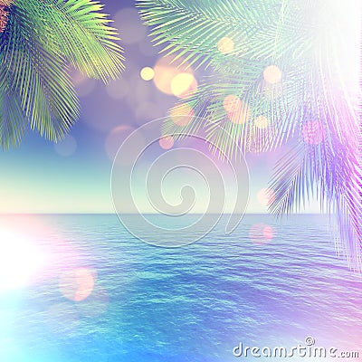 3D tropical landscape with palm trees and ocean and retro effect Stock Photo