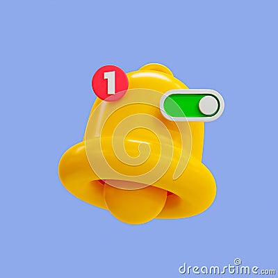 3d turn-on notification concept. New update reminder. New notification alert. A bell icon and switch toggle button. Cartoon Illustration