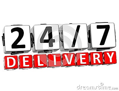 3D Twenty Four Seven Delivery Button Click Here Block Text Stock Photo