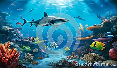 3d Undocean, a turquoise sea filled with much colorful fish, vibrant sea flowers, and sharks. wallpaper decor Stock Photo